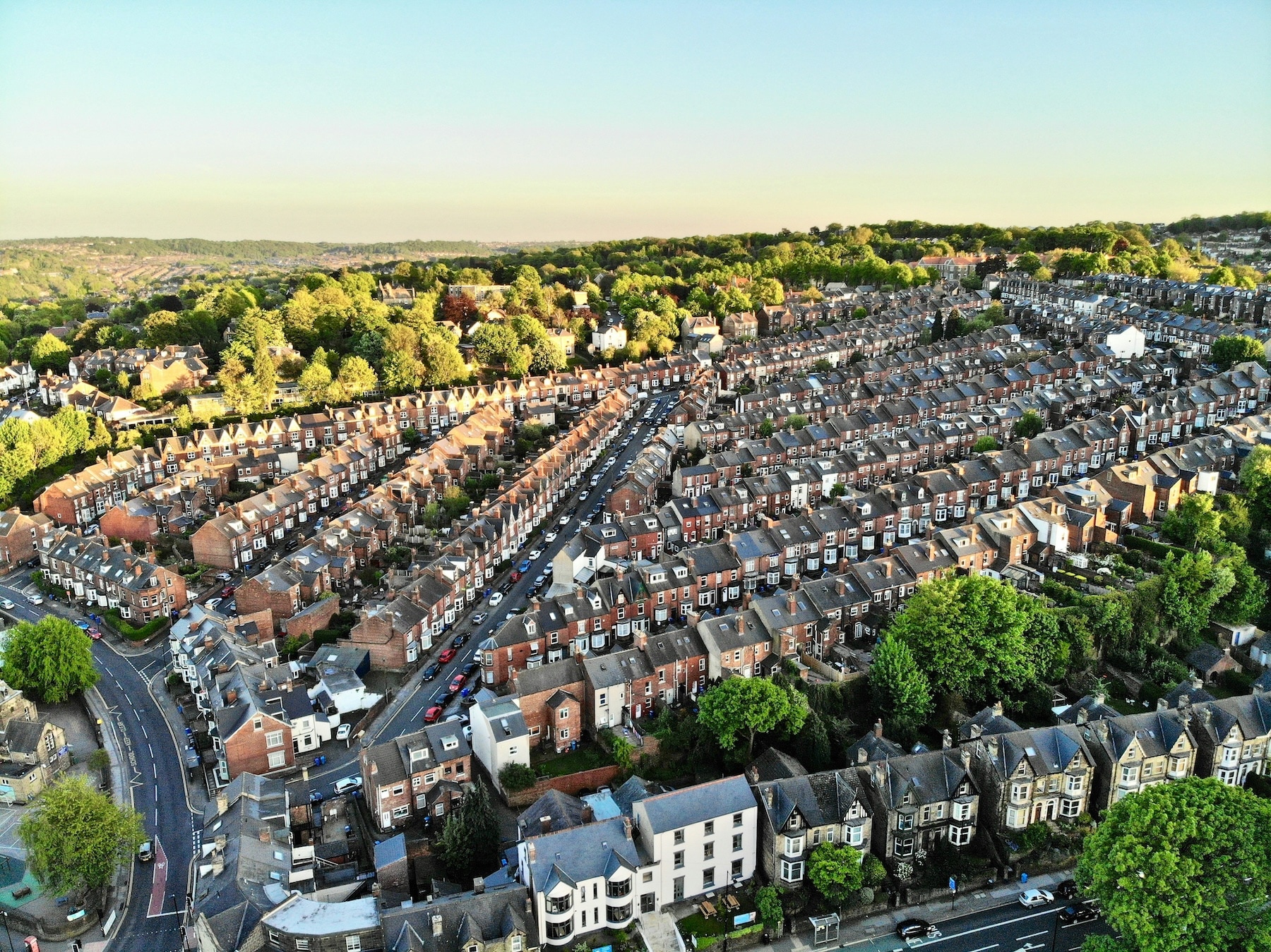 aerial shot of residential area in england